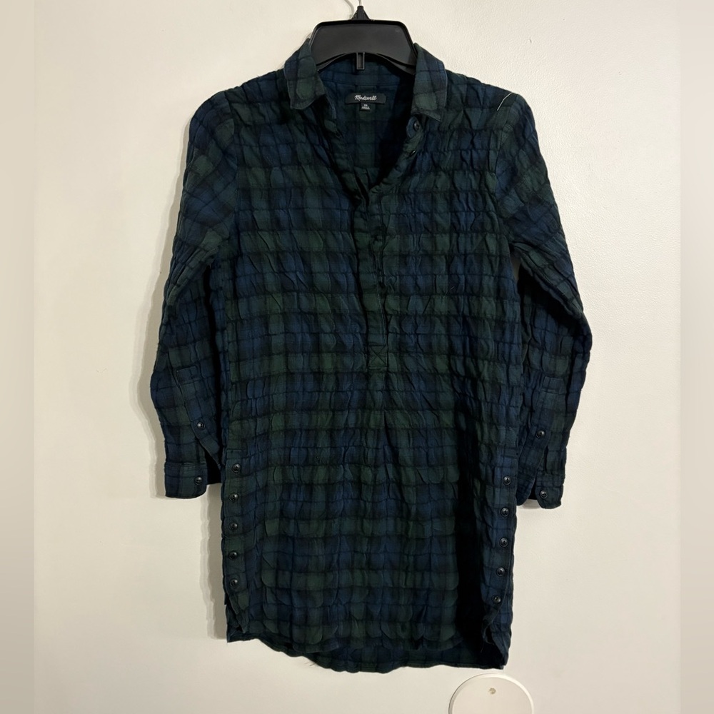 Madewell Green and Black Plaid Long Flannel puckered Shirt Size XSMALL